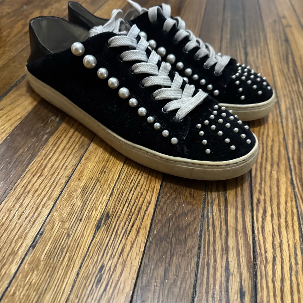 Stuart Weitzman Black Velvet Sneakers with Pearl Accents